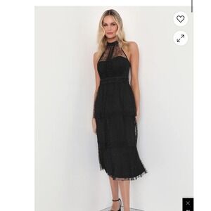 Lulus Black Floral Mesh‎ Halter Midi Dress Tiered Party Cocktail NWT